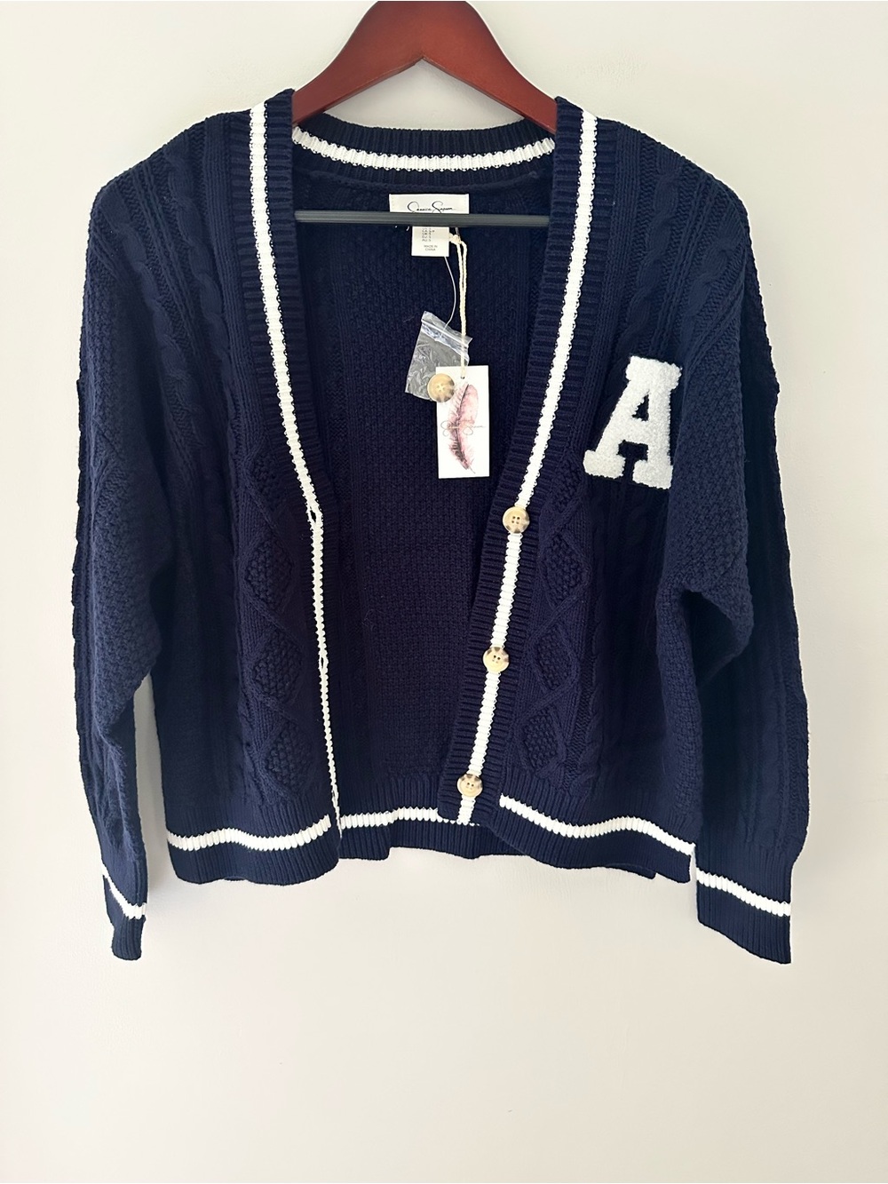 Navy Blue Cable Knit Cardigan Sweater with White Trim and Chenille 'A' Patch